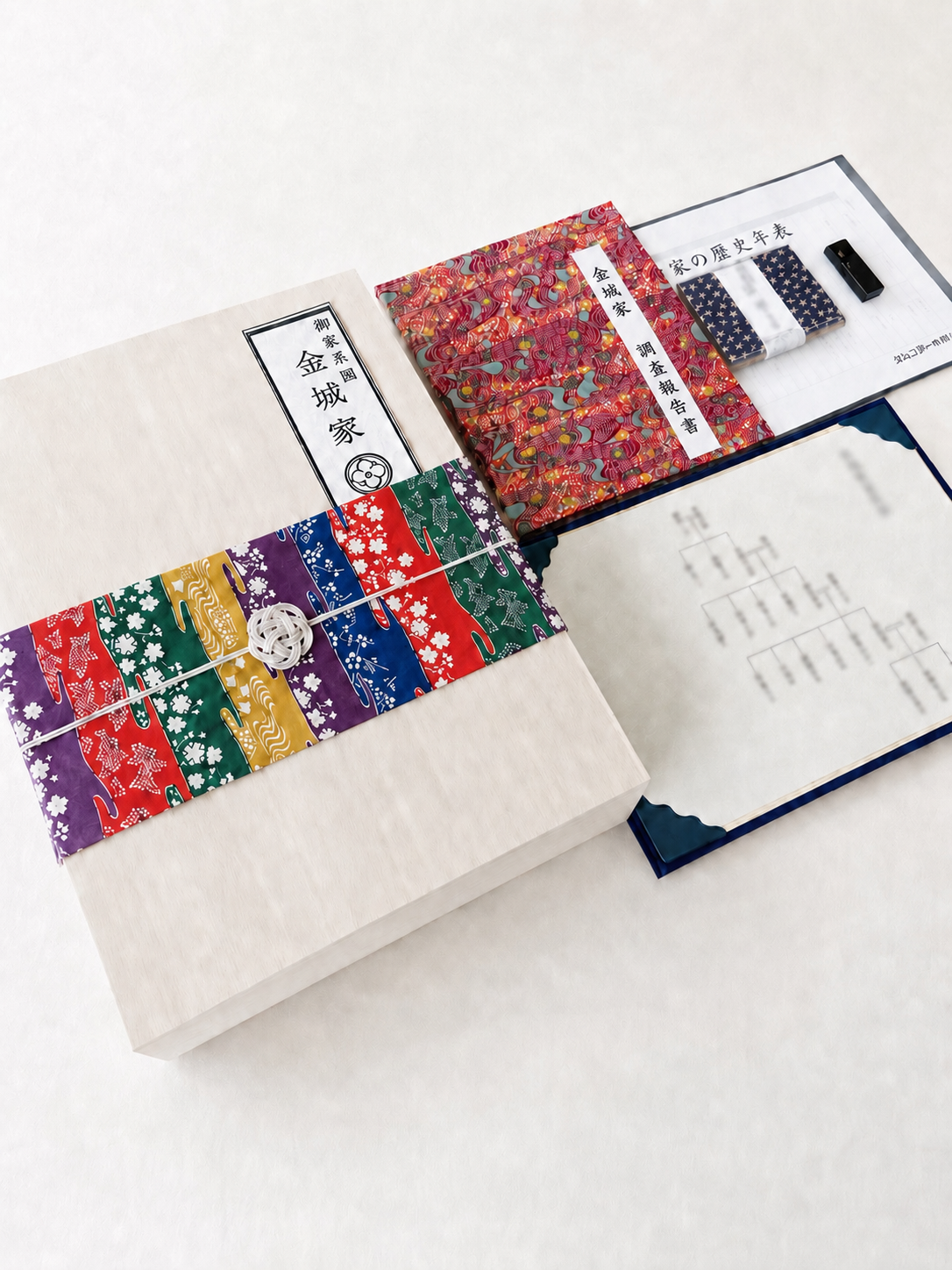 プレミアムプラン納品物イメージ：家系図・調査報告書（青）・関連資料多数